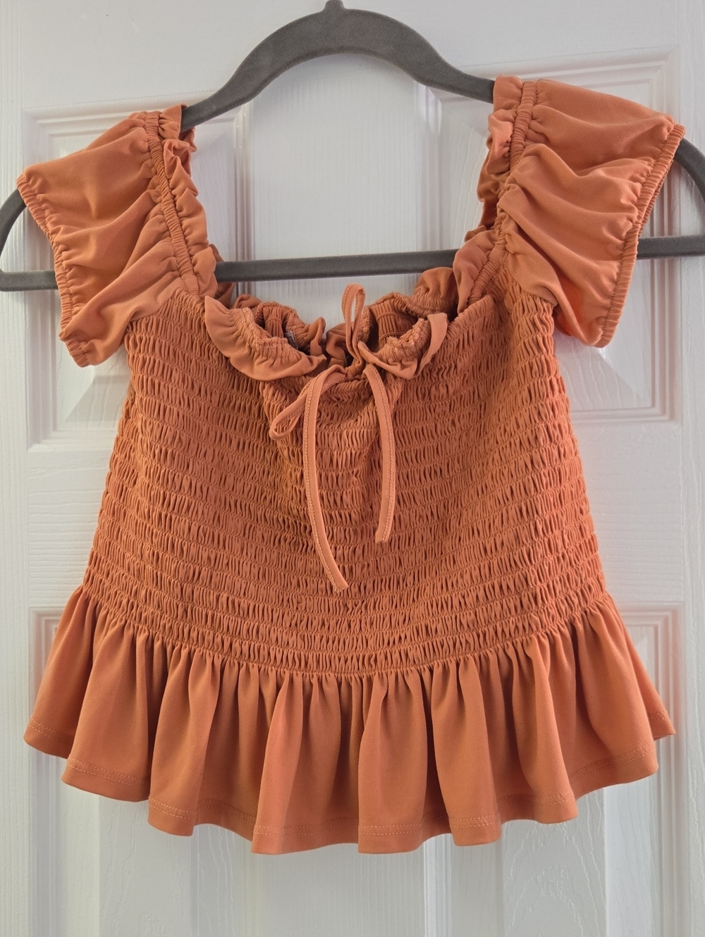 BCBGeneration Rust Orange Smocked Ruffle Crop Top